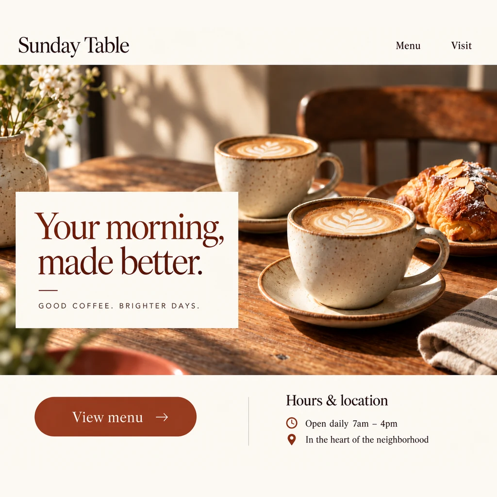 Café website with menu, hours, and location.